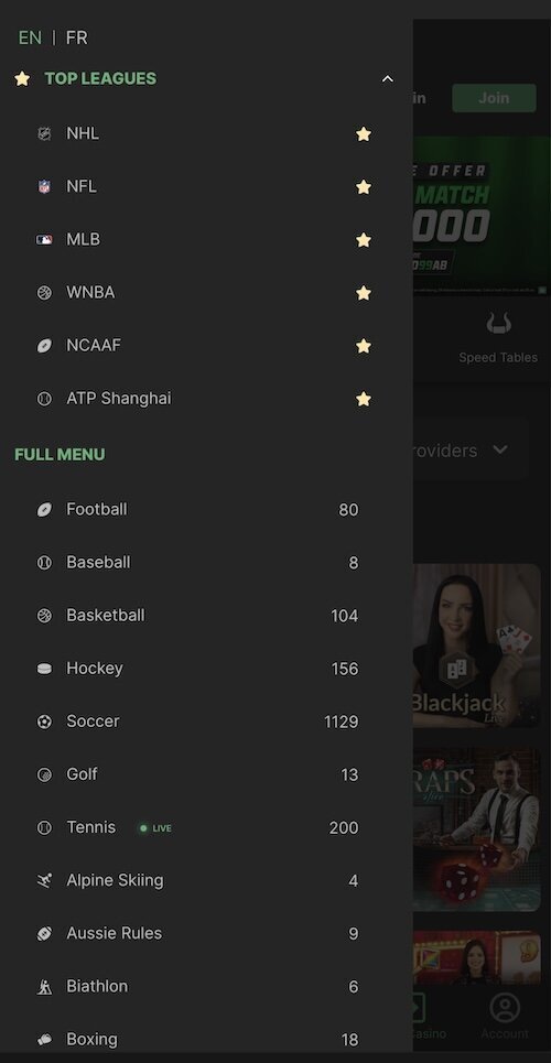 Mobile site at BET99 Alberta