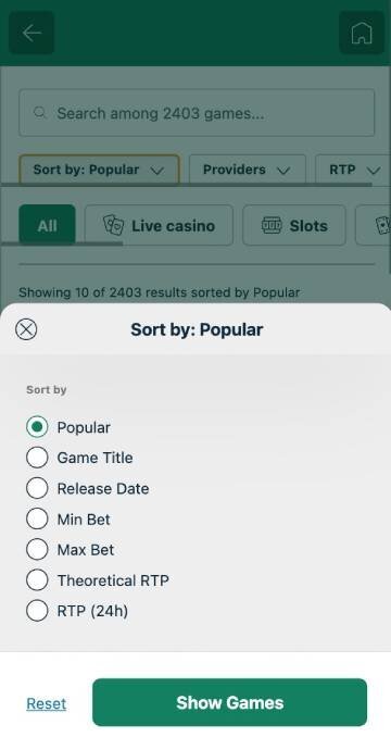 BoaBet game search filter