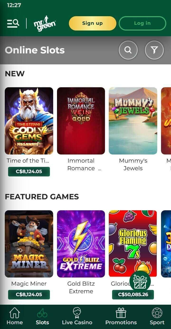 Mr Green game selection
