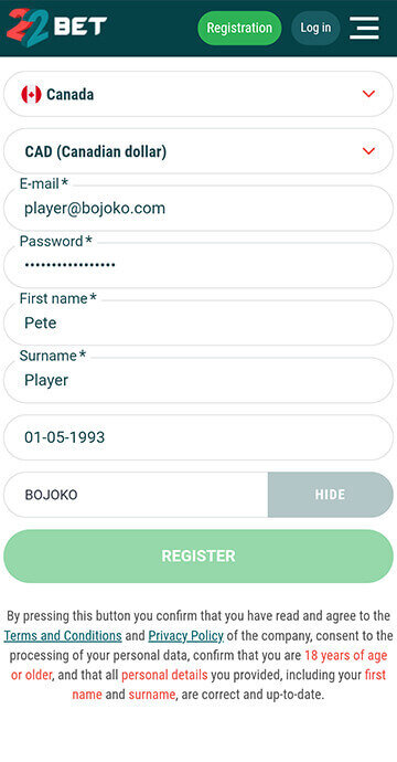 22bet claim bonus step 1