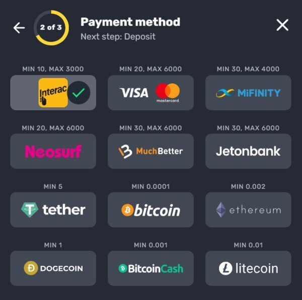 A screenshot of RocketPlay's cashier deposit page