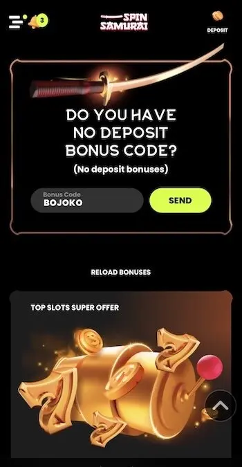 Enter the bonus code at Spin Samurai