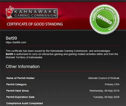 Bet99 Casino's licence certificate