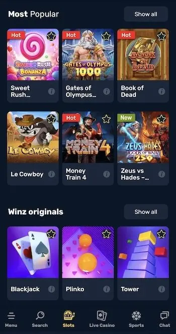Games and slots at Winz.io