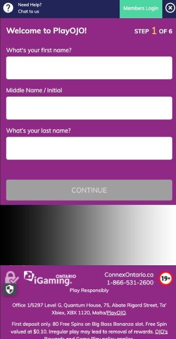 PlayOJO signup step 2