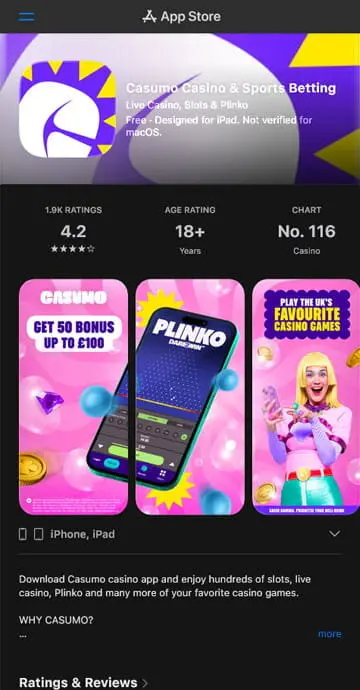 Casumo app on Apple Store