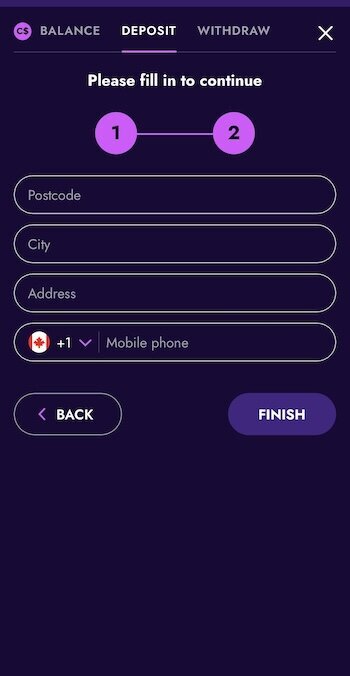 Irwin Casino sign up form step 2