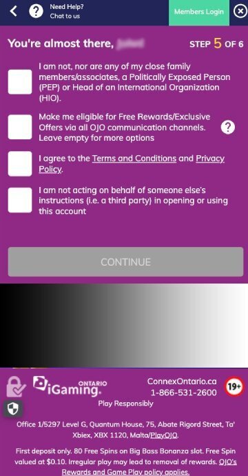 PlayOJO signup step 6