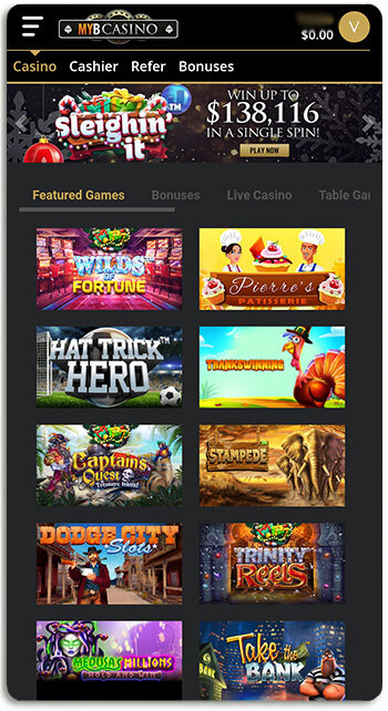 MYB Casino mobile user interface looks like this