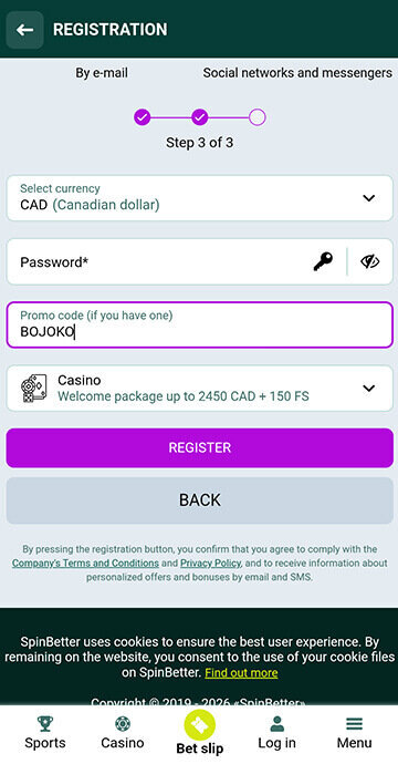 SpinBetter bonus code step 1