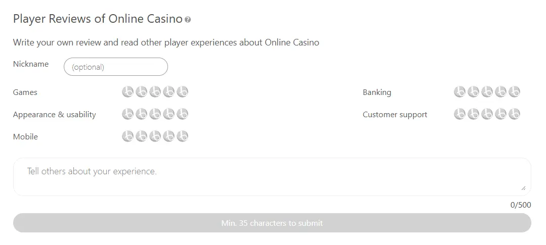 A review form that Ontario players can use to rate a casino on Bojoko