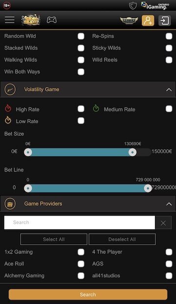 Game filters at Videoslots Ontario