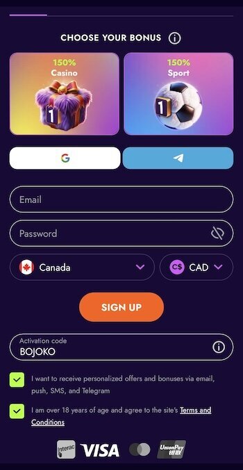 Add promo code upon sign up at Irwin Casino