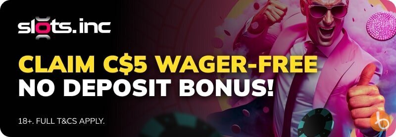 A bonus banner that says "Claim C$5 wager-free no deposit bonus!"