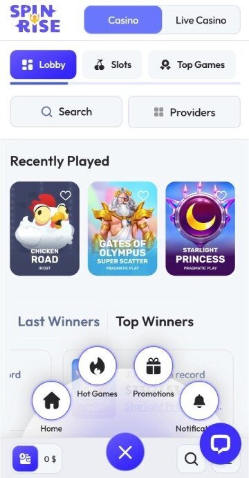 Spinrise mobile view