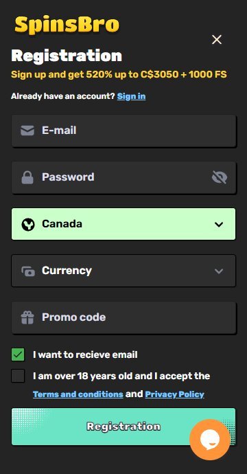 SpinsBro signup