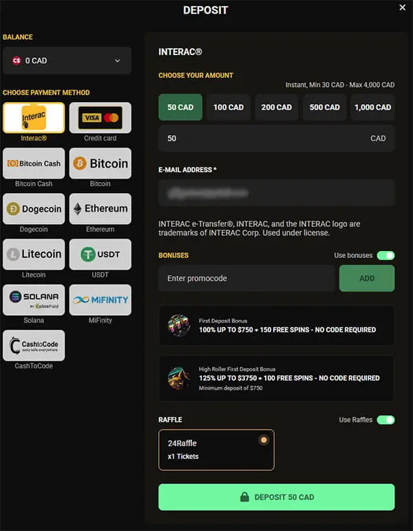 Deposit methods at 24Casino