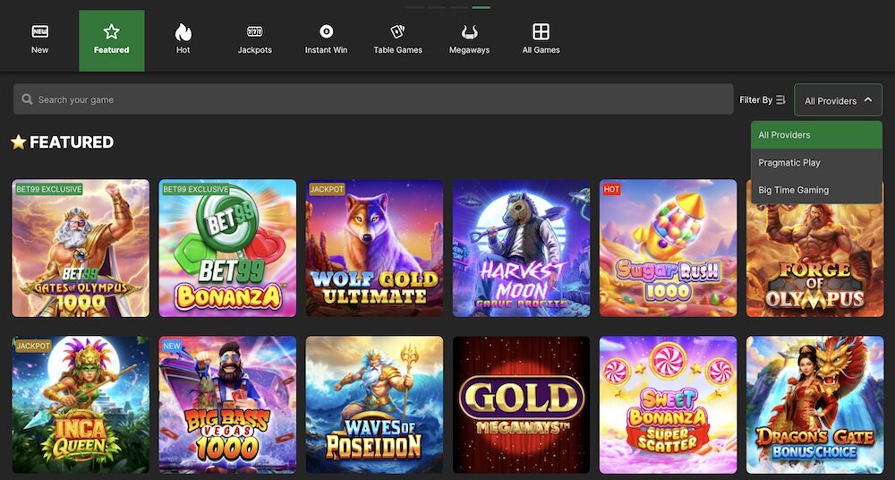 Slots lobby at BET99 Alberta