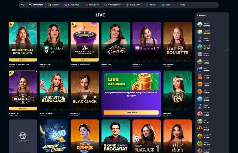 RocketPlay casino live game lobby screenshot