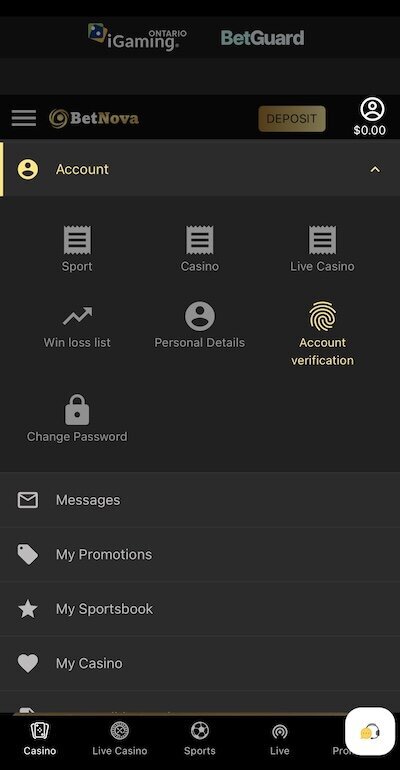 BetNova Casino Ontario KYC step 1