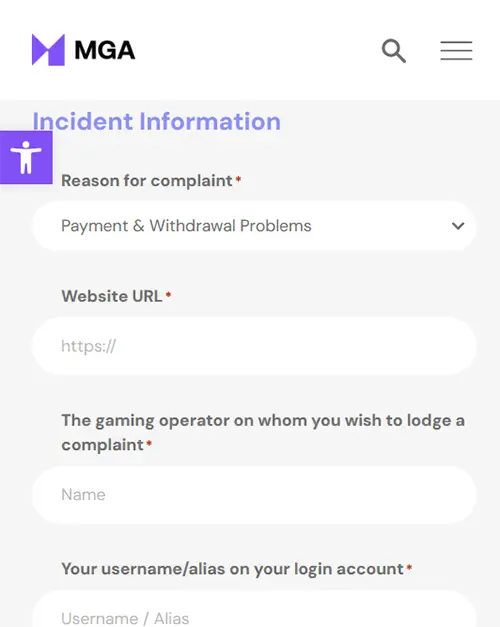 MGA incident report for claiming a complaint