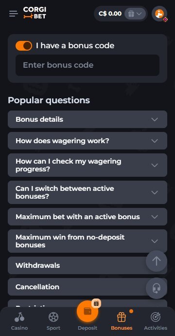 Corgibet add promo code