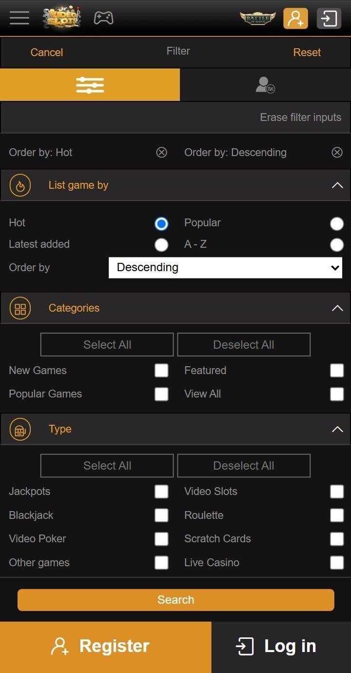 Videoslots game filters