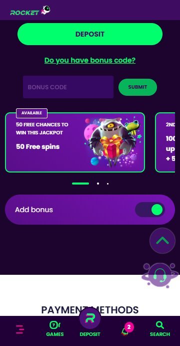Casino Rocket deposit and add code