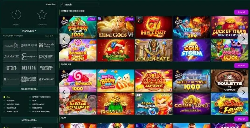 What SpinBetter game lobby looks like