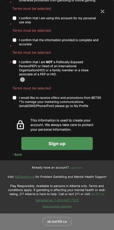 BET99 Alberta registration step 6