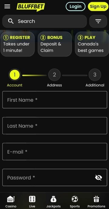 Bluffbet registration Step 1