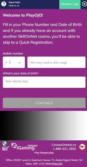 PlayOJO signup step 1