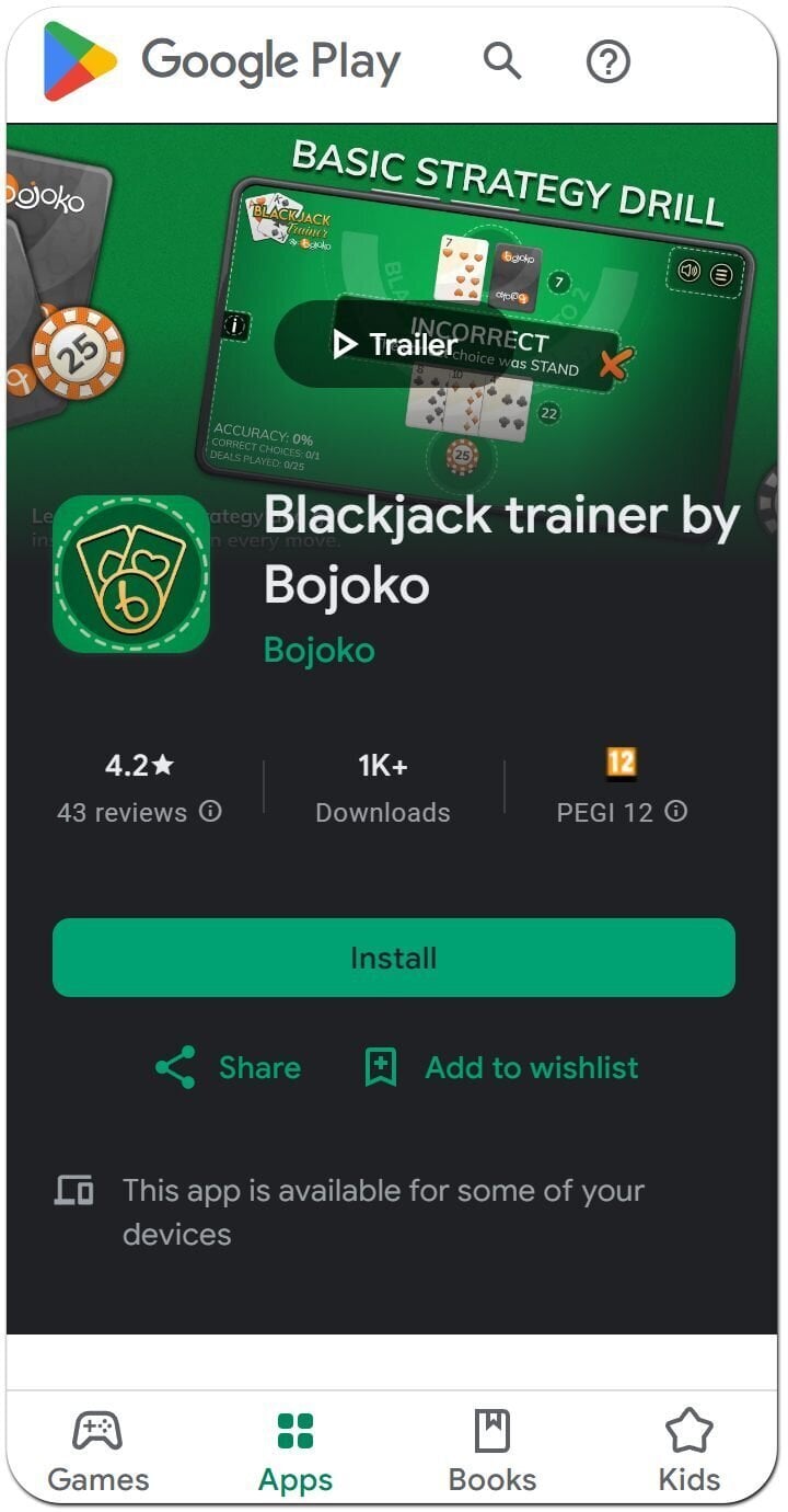 Bojoko's free blackjack trainer simulator app on Google Play