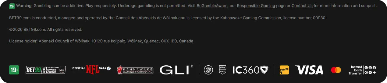Bet99 Casino footer has Kahnawake licence logo
