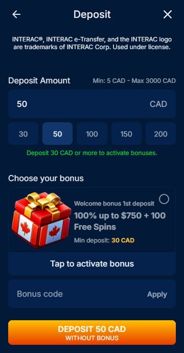Onlywin choose bonus and deposit