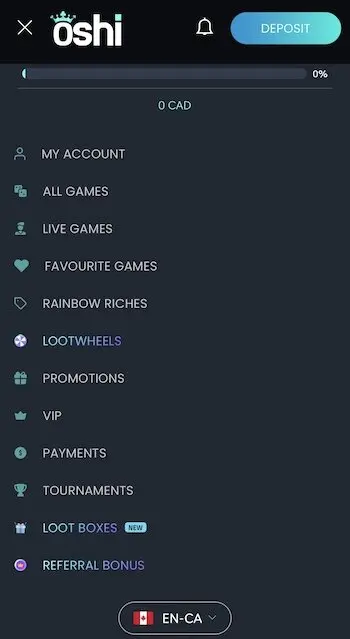 Mobile site at Oshi Casino