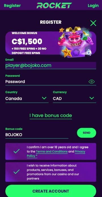 Casino Rocket bonus code step 1