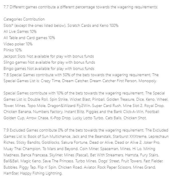 A screenshot from online casino's T&Cs specifying how games contribute towards the wagering requirements