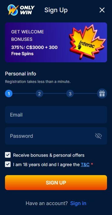 Onlywin sign-up step 1