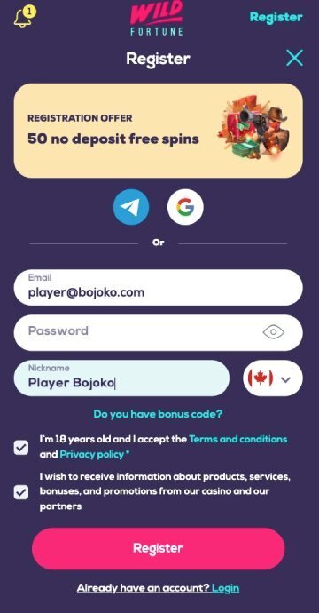 Wild Fortune bonus code step1