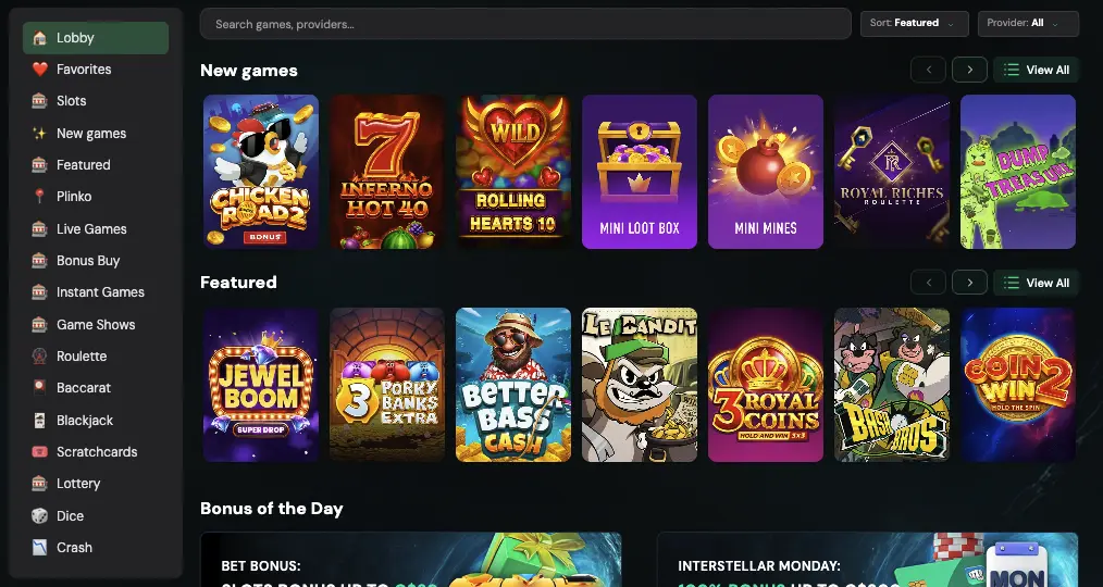 View of the BetFourU casino game lobby