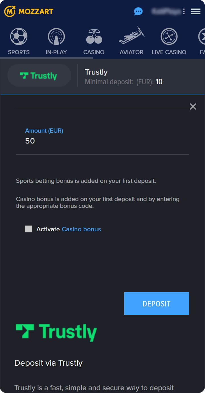 Depositing with Trustly at a casino