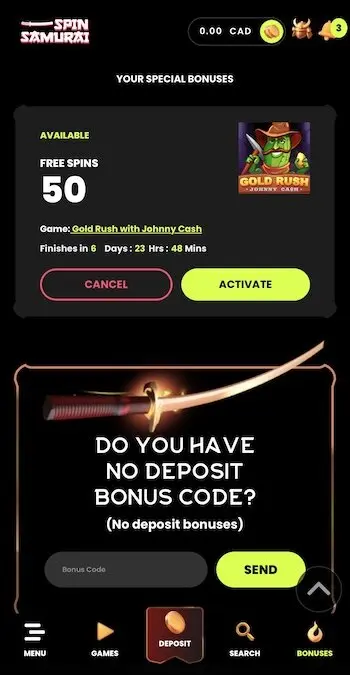Activate the bonus code at Spin Samurai