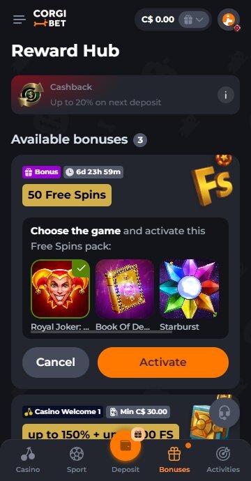 Corgibet claim free spins