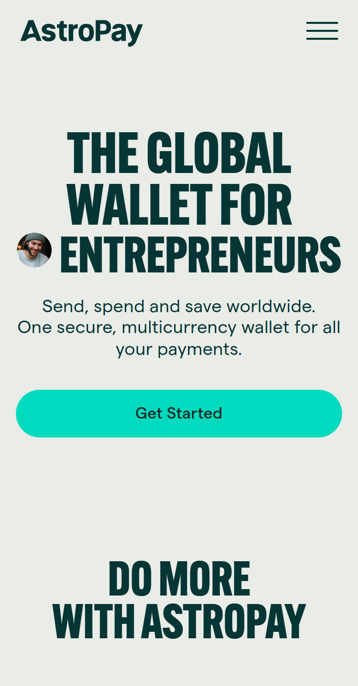AstroPay's home page features the Get Started button