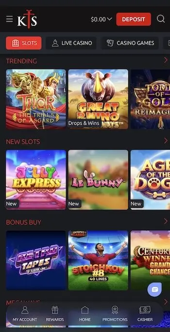 Casino game lobby at Knightslots