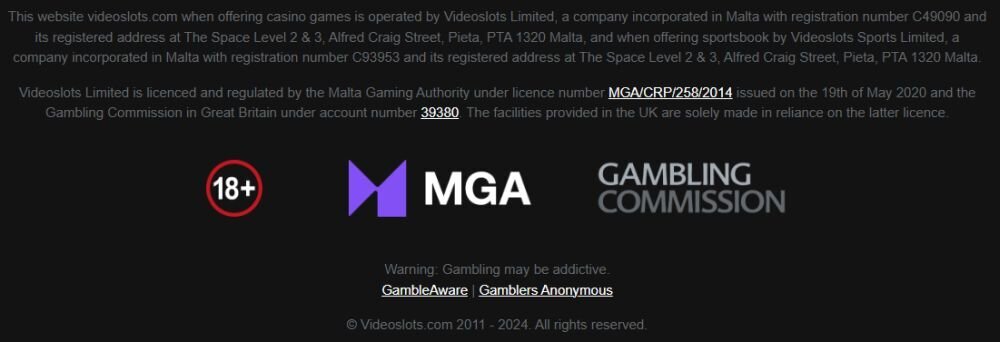 Screenshot of a casino's footer with MGA logo