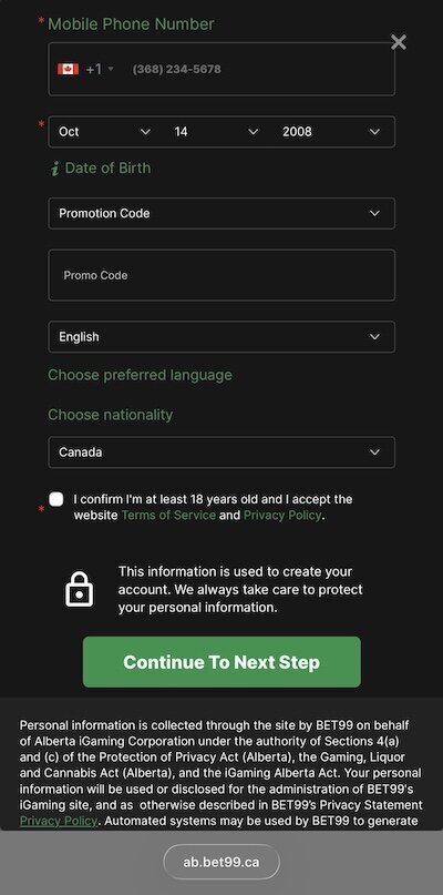 BET99 Alberta registration step 2