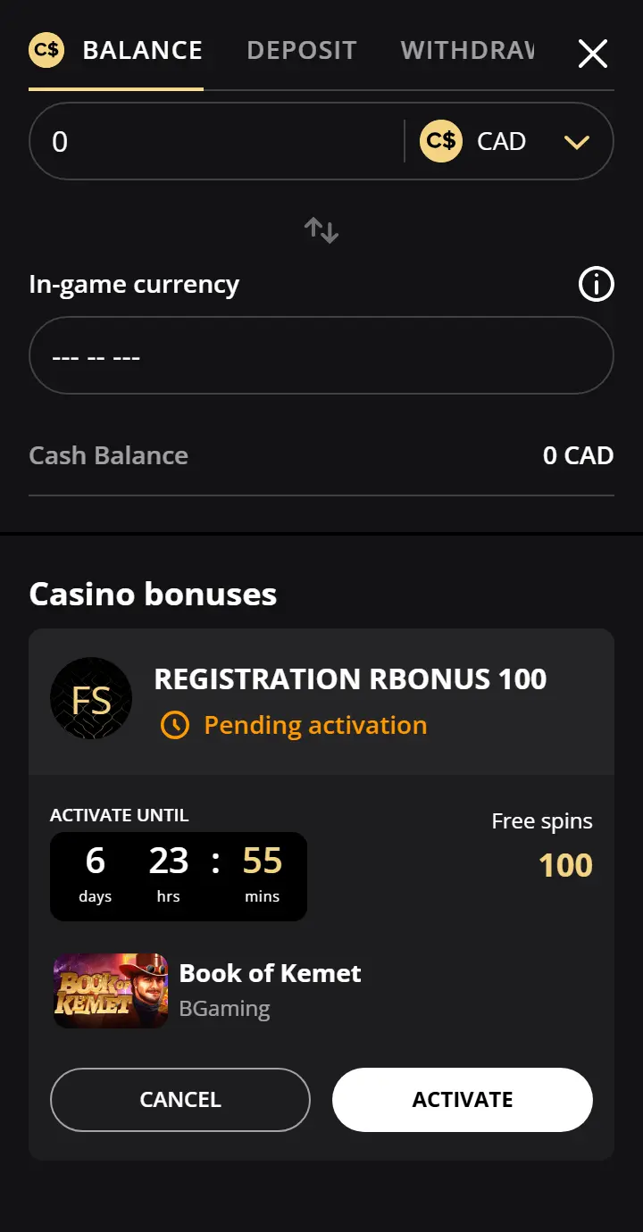 Screenshot showing how the free spins can be activated at Lex Casino