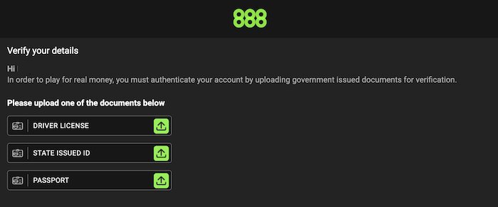 Profile verification form at 888 Casino Ontario
